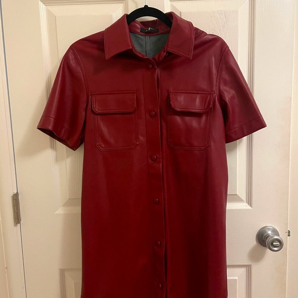 7 For All Mankind Women's M Red Faux Leather Button Mini Shirt Dress